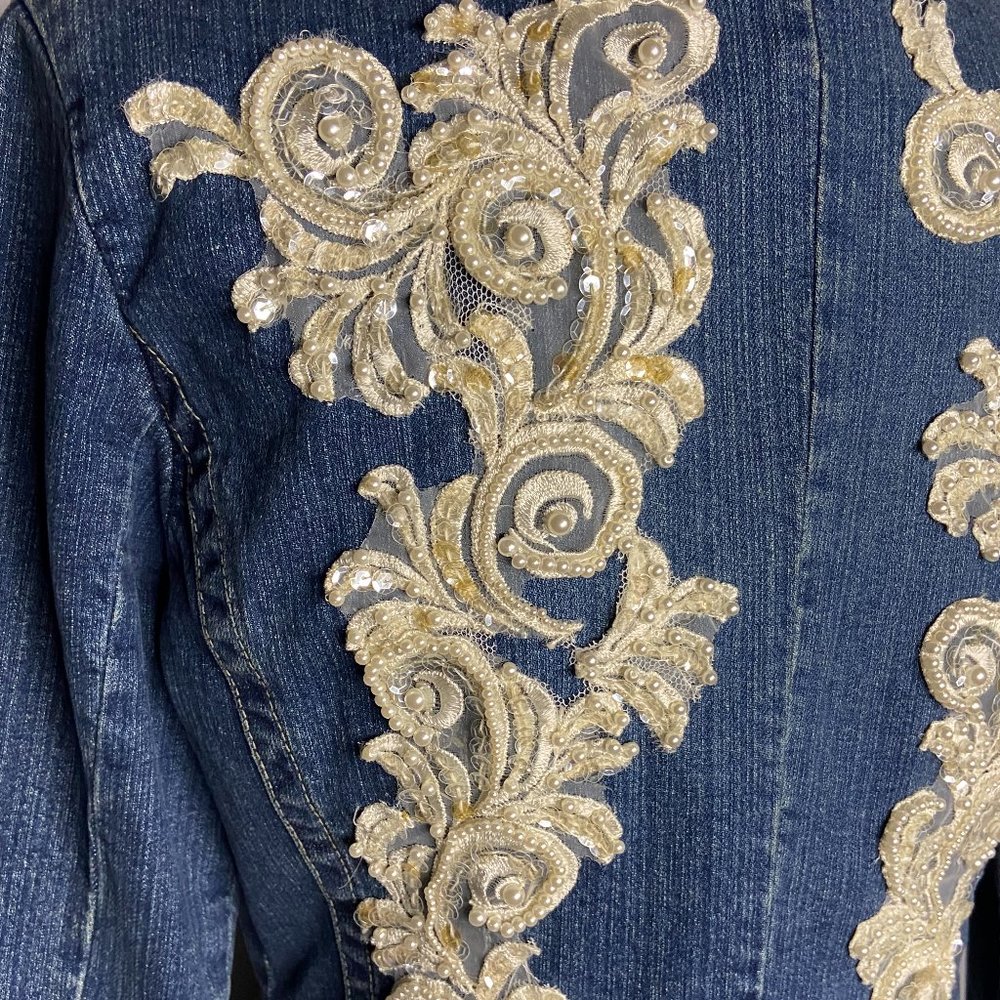 Upcycled Embellished Handstitched Bridal Vintage Lace Demin Jacket/Blazer S/M - Picture 11 of 14